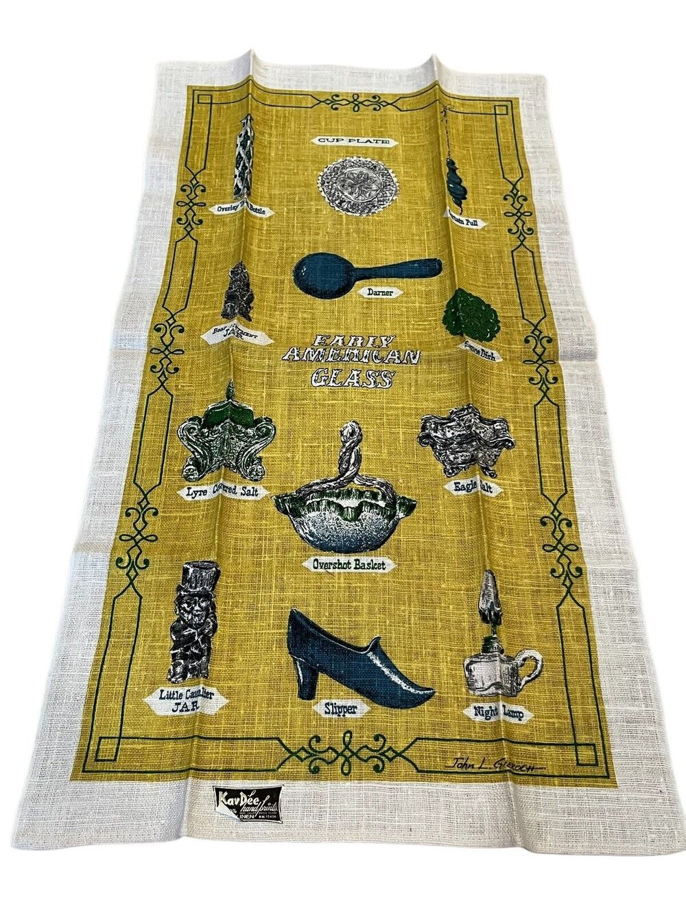 Early American Glass Linen Tea Towel New VTG 60s Kay Dee Handprints NOS